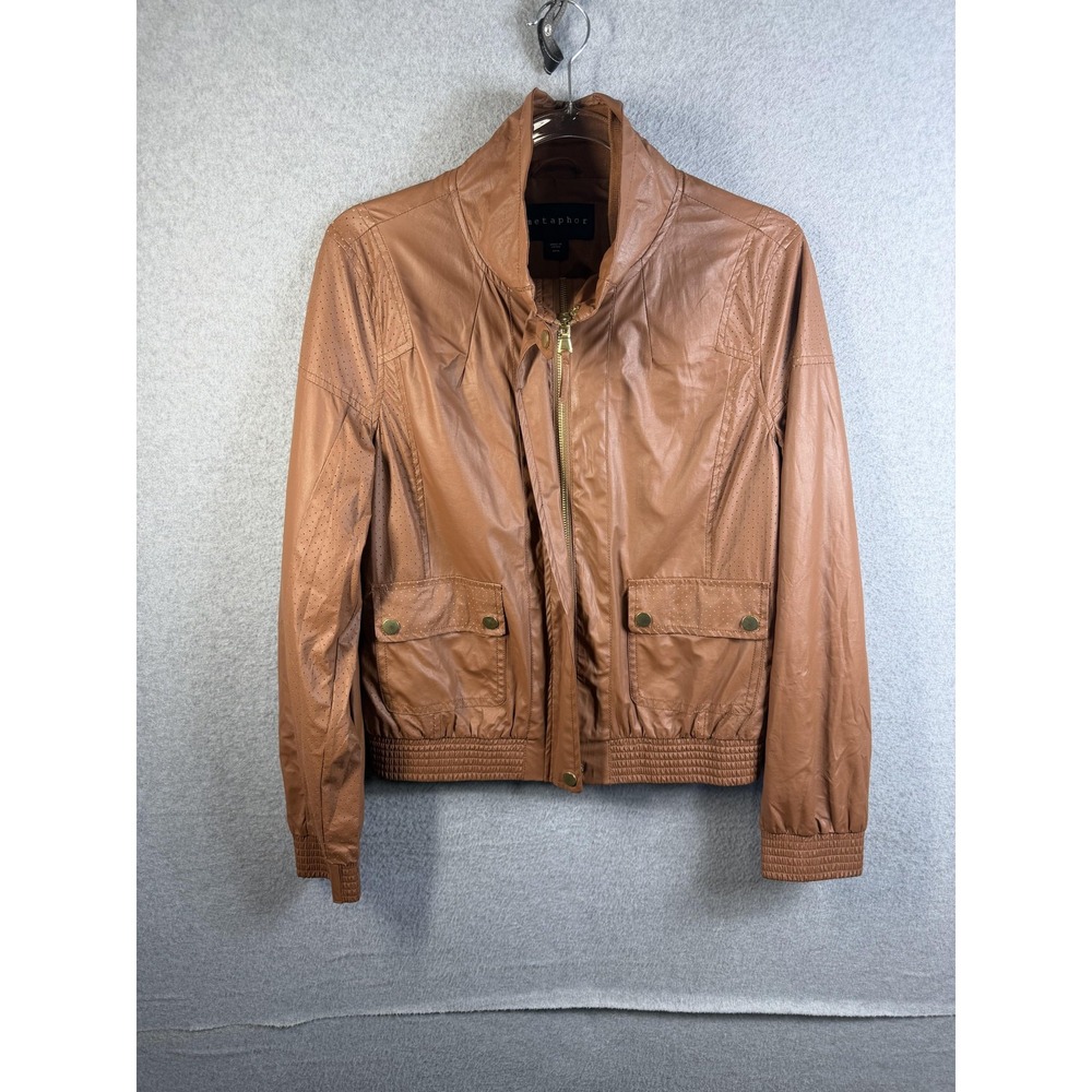 Metaphor Jacket Womens Medium Brown Faux Leather Bomber Full Zip Pockets Casual